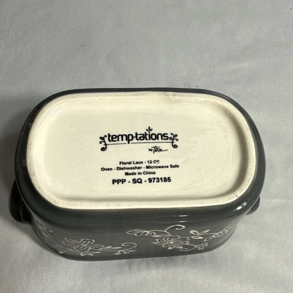 Temptations Floral Lace Ceramic Loaf Pan Gray/White 12 oz Oven Safe 450°F